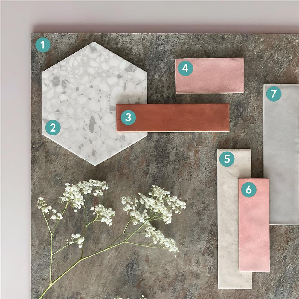 A sample set of slate natural stone-effect porcelain, Soriano Bianco patterned hexagon, artisan Cotto metro, Valentina blush metro, Winchester almond metro, Salcombe rose crackle metro and Venetian cloud grey metro tiles